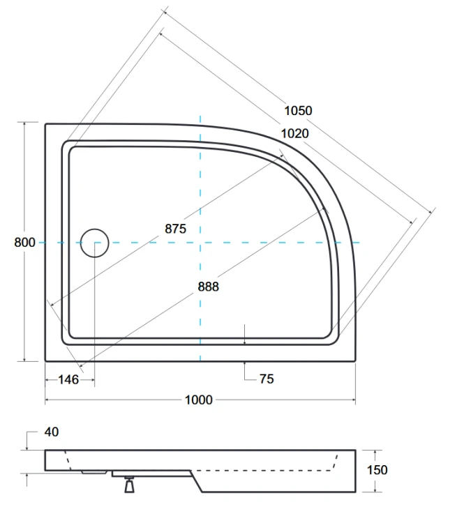 Brodzik asymetryczny kompaktowy prawy Besco SATURN-PMD 100x80x4