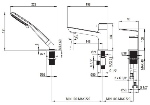 Bateria wannowa 3-otworowa czarna nero Arnika Deante