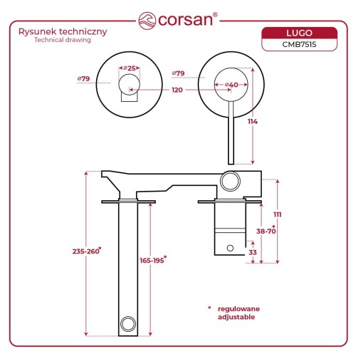 Bateria umywalkowa podtynkowa corsan cmb7515bgl lugo z wylewką złoto szczotkowane