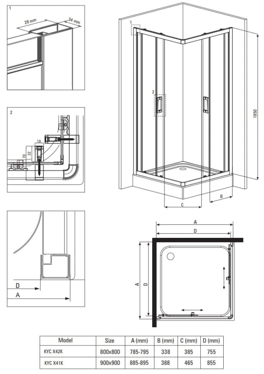 Kabina kwadratowa 90x90x185 Funkia Deante szkło szronione
