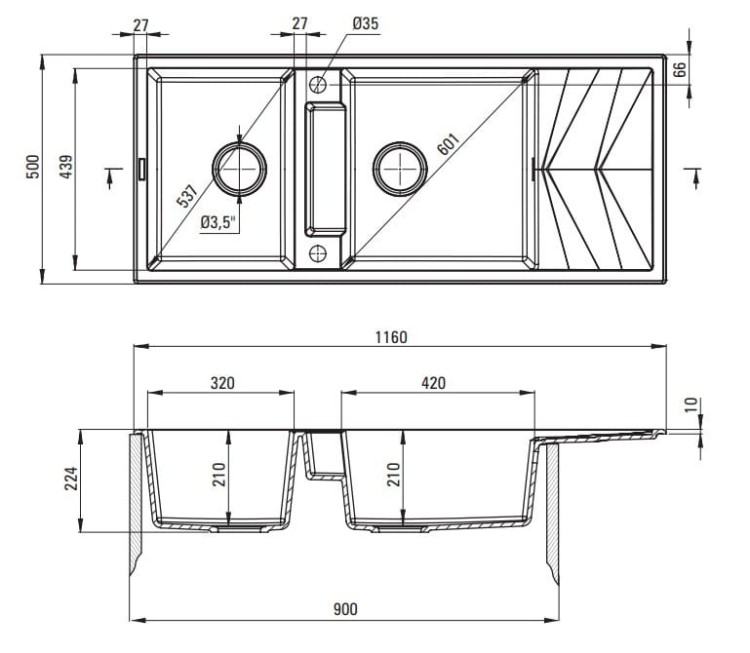 Zlewozmywak granitowy magnetyczny 2-komorowy z ociekaczem Magnetic Deante