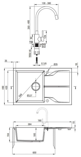 Zlewozmywak granitowy z baterią 1-komorowy z ociekaczem Andante Deante