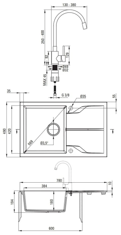 Zlewozmywak granitowy z baterią 1-komorowy z ociekaczem Andante Deante