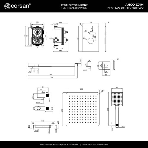Zestaw prysznicowy ango z01mgm gunmetal z deszczownicą 25 cm, baterią podtynkową i prysznicem