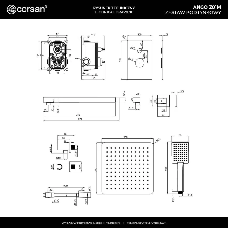 Zestaw prysznicowy ango z01mgm gunmetal z deszczownicą 25 cm, baterią podtynkową i prysznicem