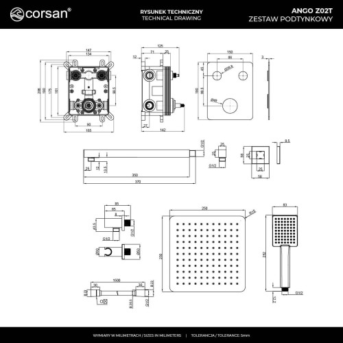 Zestaw prysznicowy podtynkowy ango z02tgm deszczownica 25cm termostat słuchawka prysznicowa gunmetal