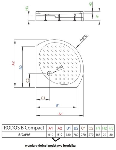 Brodzik półokrągły Radaway Rodos B Compact 90x90x16,5x2