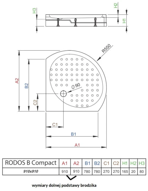 Brodzik półokrągły Radaway Rodos B Compact 90x90x16,5x2