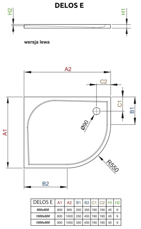 Brodzik asymetryczny Radaway Delos E 100x90x4,5 lewy