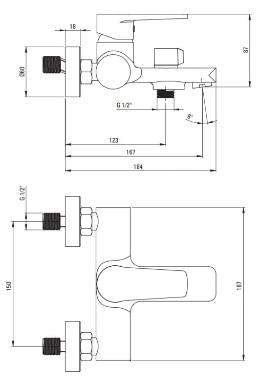 Bateria wannowa ścienna Tubo Deante chrom BUT010M
