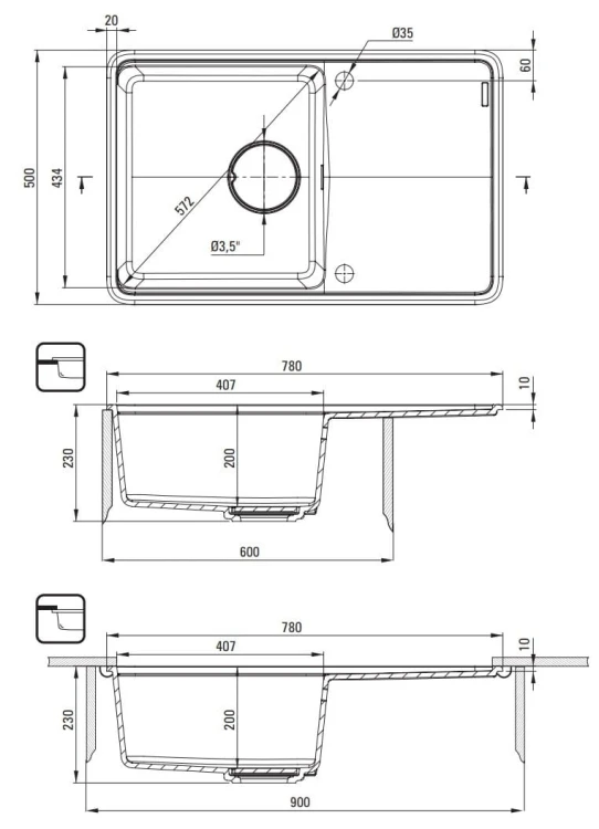 Zlewozmywak granitowy 1-komorowy ociekacz antracyt metalik Momi Deante