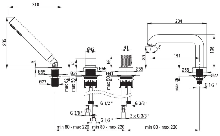Bateria wannowa 4-otworowa stal szczotkowana Silia Hexa Deante