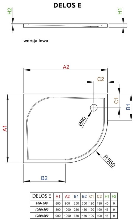 Brodzik asymetryczny Radaway Delos E 90x80x4,5 lewy