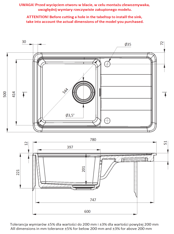 Zlewozmywak ceramiczny 1-komorowy z ociekaczem biały Momi Deante
