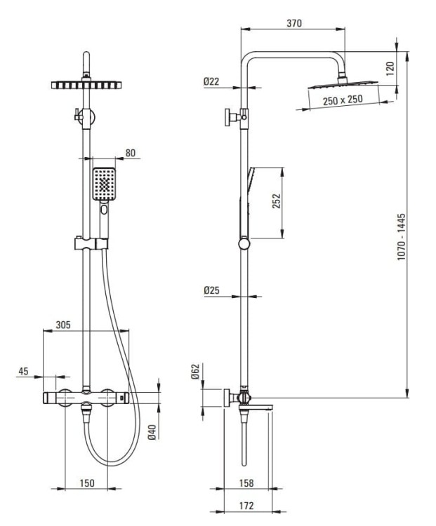 Deszczownica z baterią wannową Deante stal szczotkowana