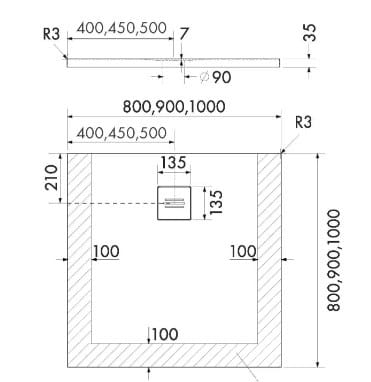 Brodzik kwadratowy PROTOS SMOOTH WHITE 100x100 Schedpol Schedline, biały - odpływ na środku
