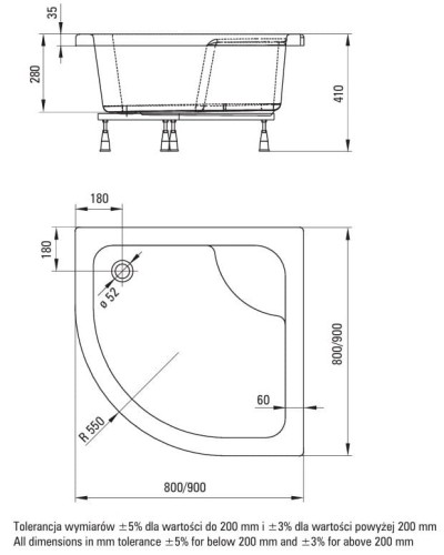 Brodzik półokrągły biały 90x90 Deante Deep