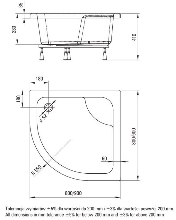 Brodzik półokrągły biały 90x90 Deante Deep
