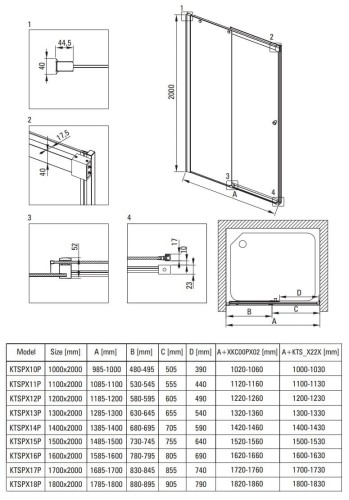 Drzwi prysznicowe przesuwne 170x200 Kerria Plus Deante