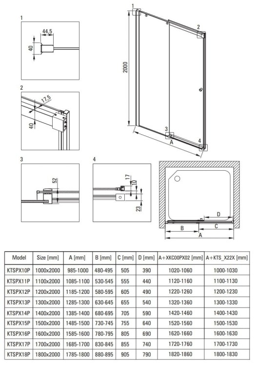 Drzwi prysznicowe przesuwne 170x200 Kerria Plus Deante