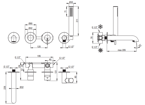Bateria wannowa 4-otworowa podtynkowa brąz szczotkowany Silia Deante