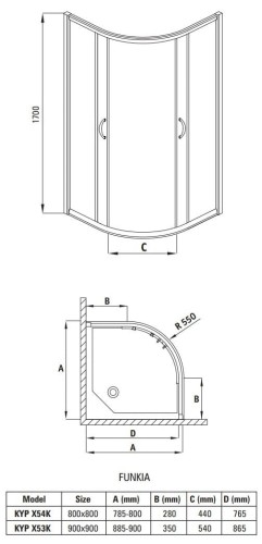 Kabina półokrągła 90x90x170 Funkia Deante szkło szronione