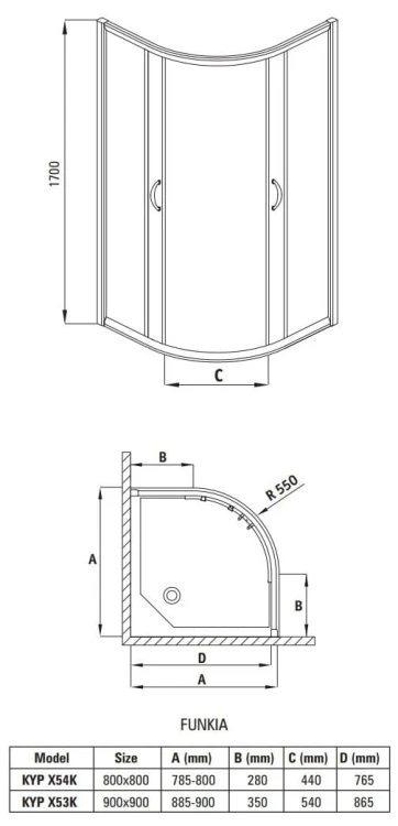 Kabina półokrągła 90x90x170 Funkia Deante szkło szronione
