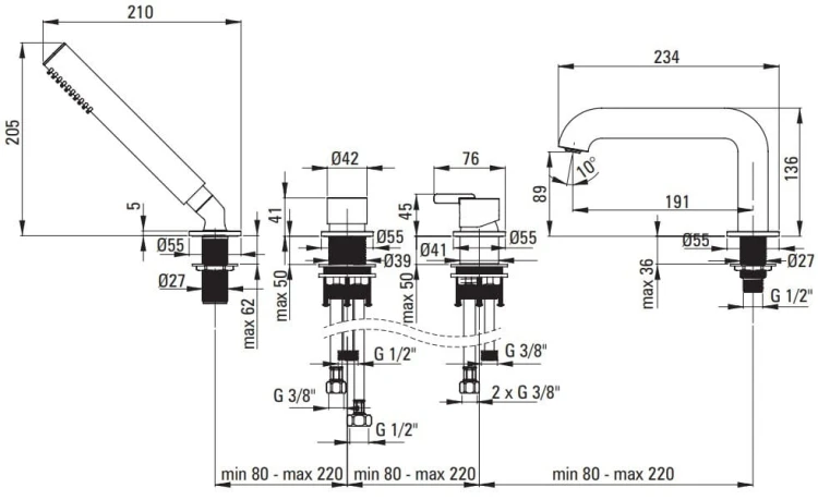 Bateria wannowa 4-otworowa czarna Silia Deante nero