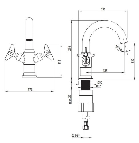 Bateria umywalkowa stojąca chrom Temisto Deante