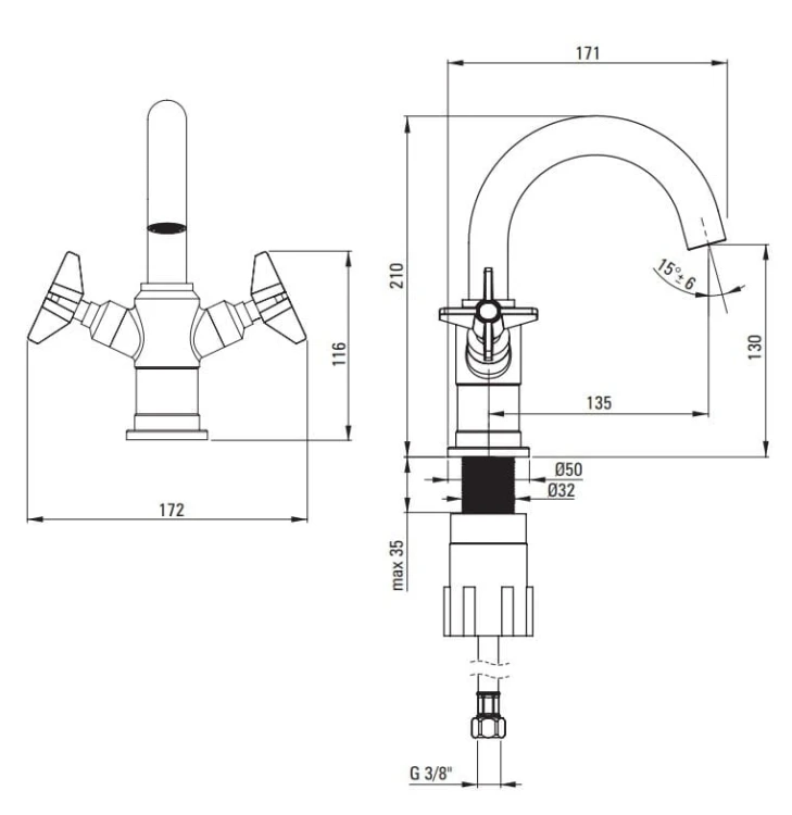 Bateria umywalkowa stojąca chrom Temisto Deante
