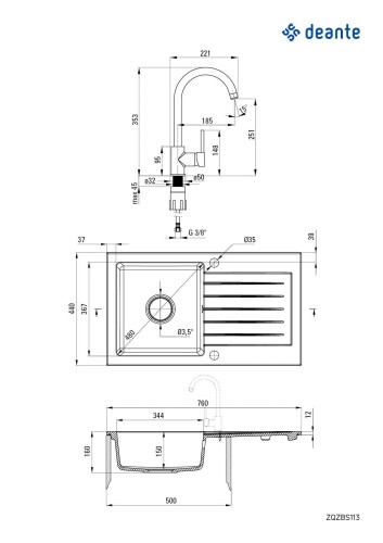 Zlewozmywak granitowy z baterią 1-komorowy z ociekaczem Zorba Deante