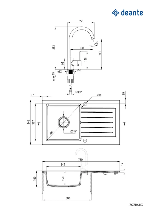 Zlewozmywak granitowy z baterią 1-komorowy z ociekaczem Zorba Deante