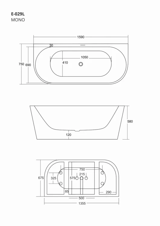 Wanna przyścienna wolnostojąca corsan e029 mono 160 cm z wykończeniem czarnym