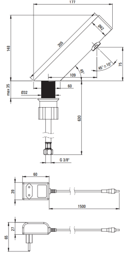 Bateria umywalkowa bezdotykowa bez regulacji temp 230/6V Sense Deante