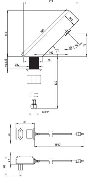 Bateria umywalkowa bezdotykowa bez regulacji temp 230/6V Sense Deante