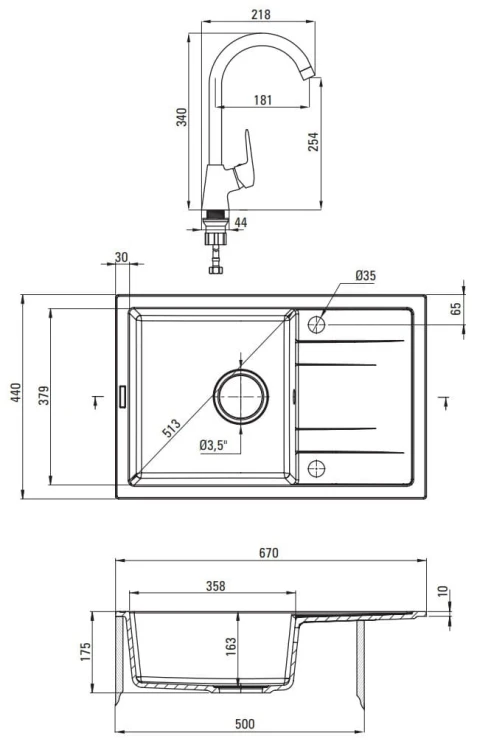 Zlewozmywak granitowy z baterią 1-komorowy z ociekaczem Corio Deante
