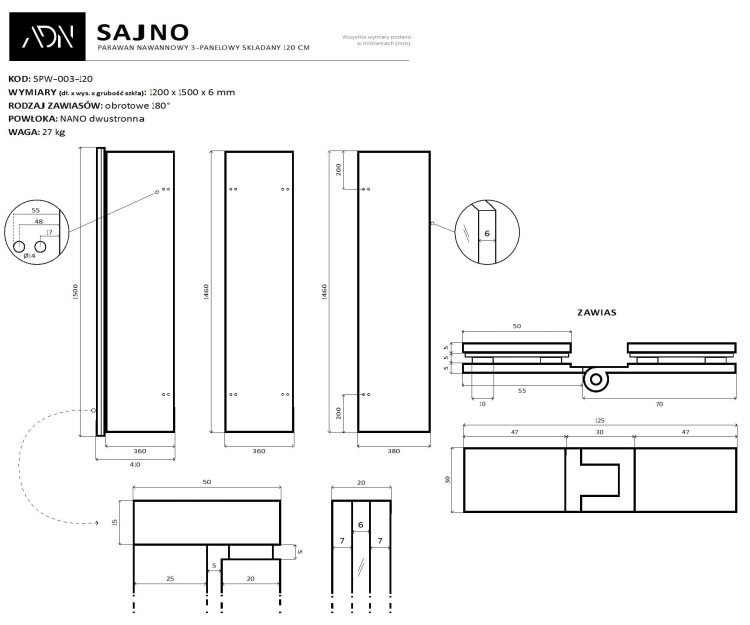 Parawan nawannowy składany Sajno 120x150 chrom Ad Naturalnie