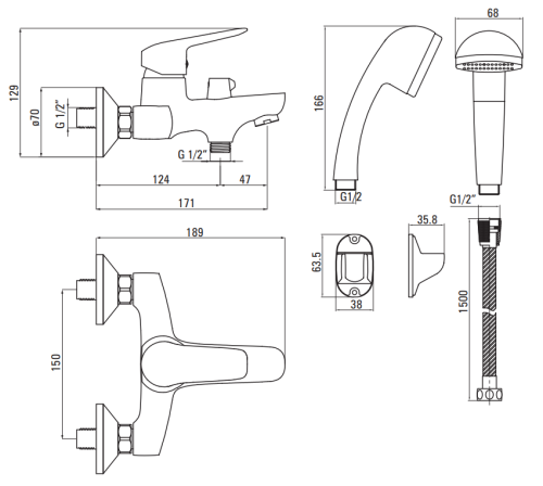 Bateria wannowa z zestawem prysznicowym chrom Boro Deante