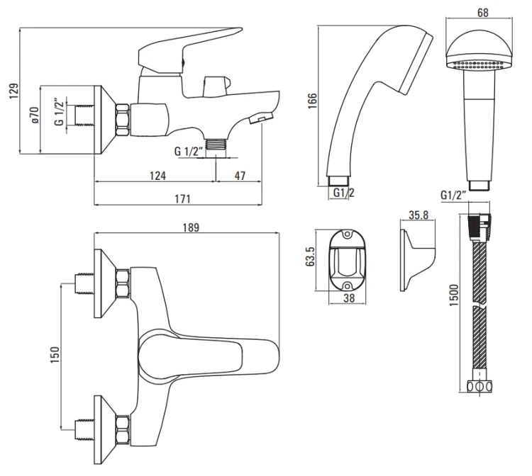 Bateria wannowa z zestawem prysznicowym chrom Boro Deante