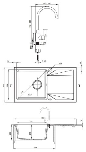 Zlewozmywak granitowy z baterią 1-komorowy z ociekaczem Deante Evora