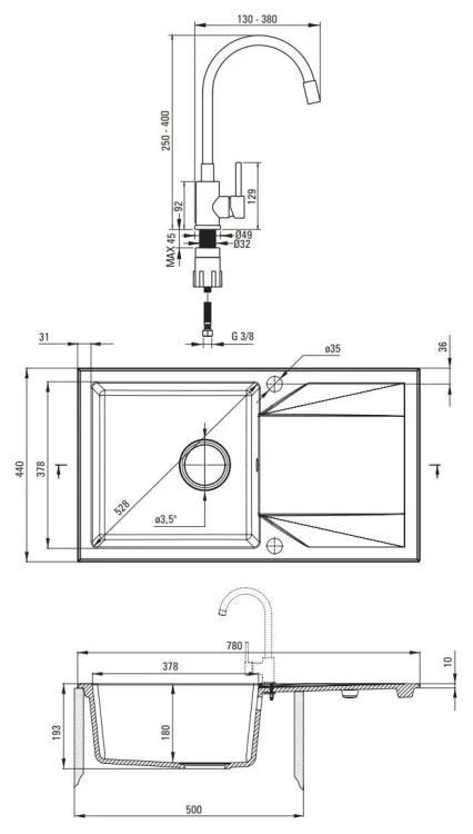 Zlewozmywak granitowy z baterią 1-komorowy z ociekaczem Deante Evora