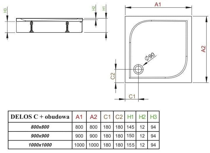 Brodzik kwadratowy Radaway Delos C z obudową 90x90x15x1,2