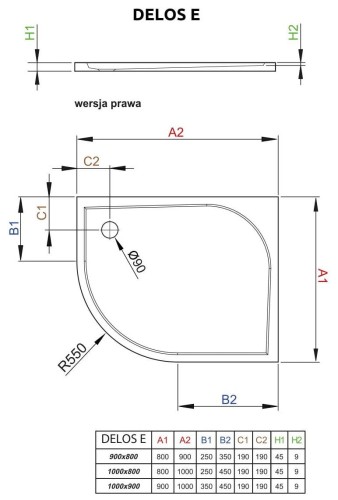 Brodzik asymetryczny Radaway Delos E 90x80x4,5 prawy