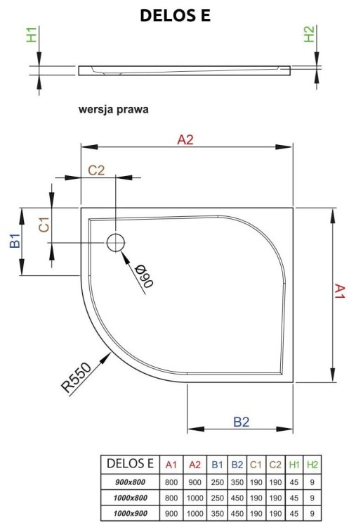 Brodzik asymetryczny Radaway Delos E 90x80x4,5 prawy