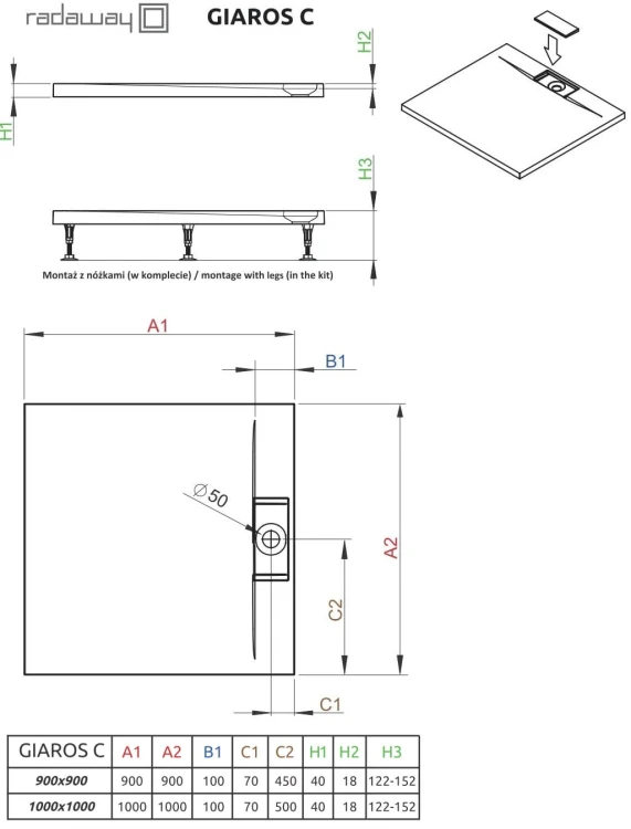 Brodzik kwadratowy Radaway Giaros C 100x100x4x1,8