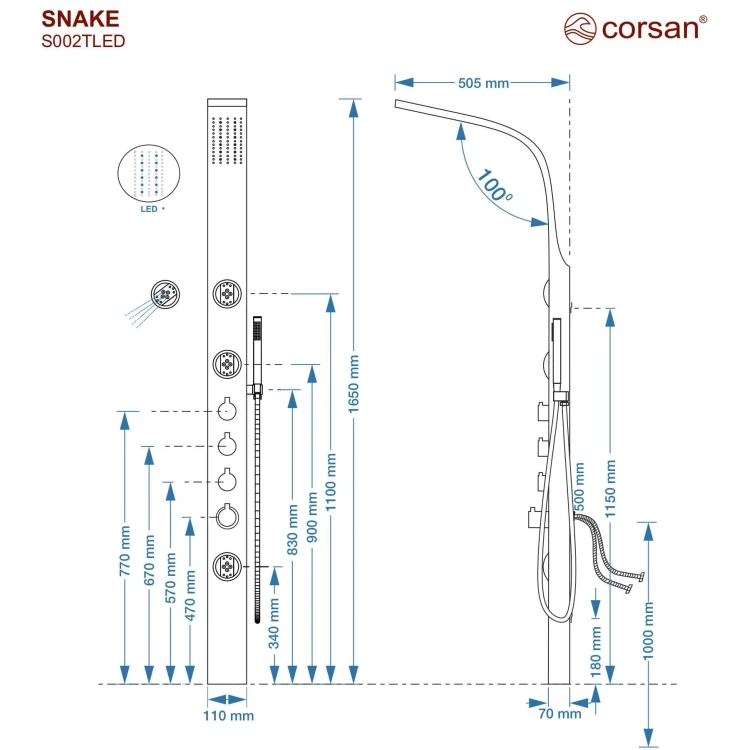 Panel prysznicowy corsan snake termostat czarna stal deszczownica led
