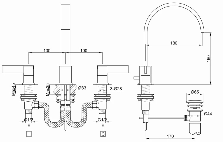 Bateria umywalkowa 3-otworowa KOHLMAN Dexame QB200D