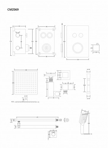 Zestaw prysznicowy podtynkowy corsan box termostat przyciskowy deszczownica 25cm chrom