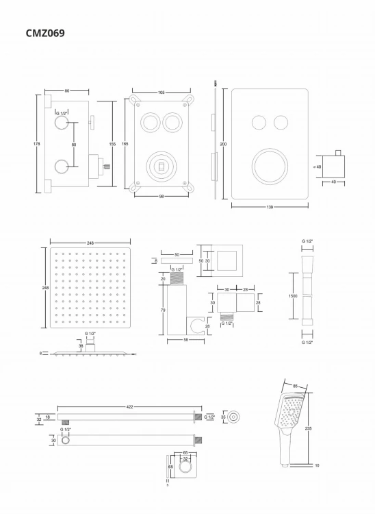 Zestaw prysznicowy podtynkowy corsan box termostat przyciskowy deszczownica 25cm chrom