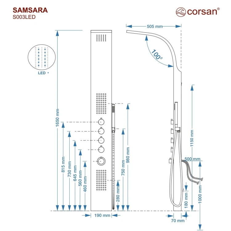 Panel prysznicowy corsan samsara mieszacz stal szczotkowana deszczownica led